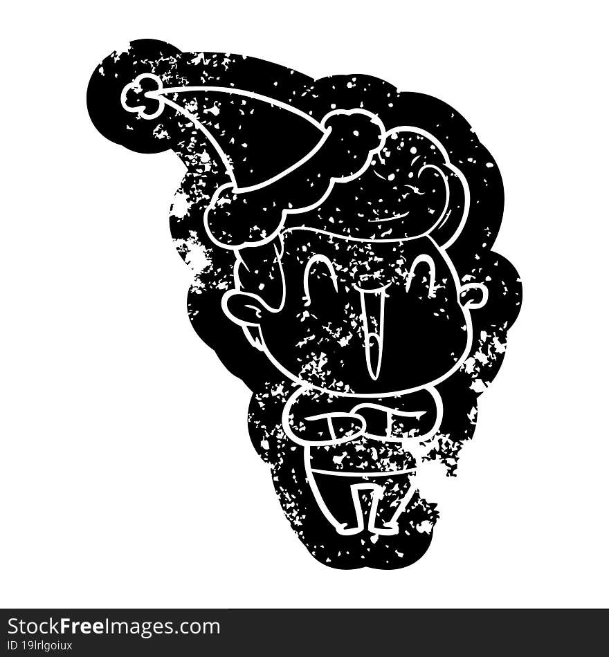 excited man quirky cartoon distressed icon of a wearing santa hat