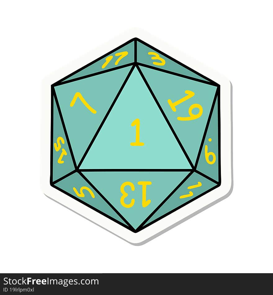 sticker of a natural 1 D20 dice roll. sticker of a natural 1 D20 dice roll