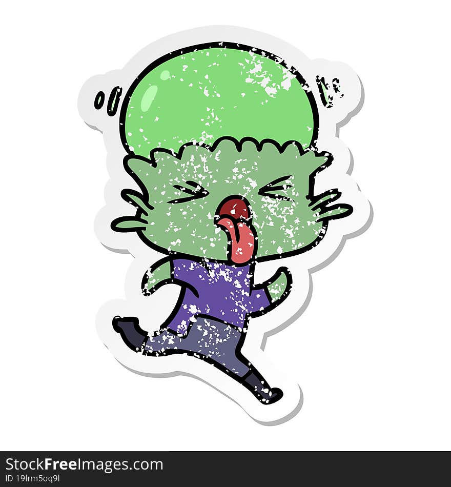 distressed sticker of a weird cartoon alien