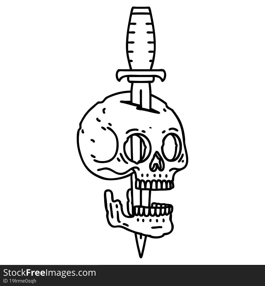 black line tattoo of a skull and dagger