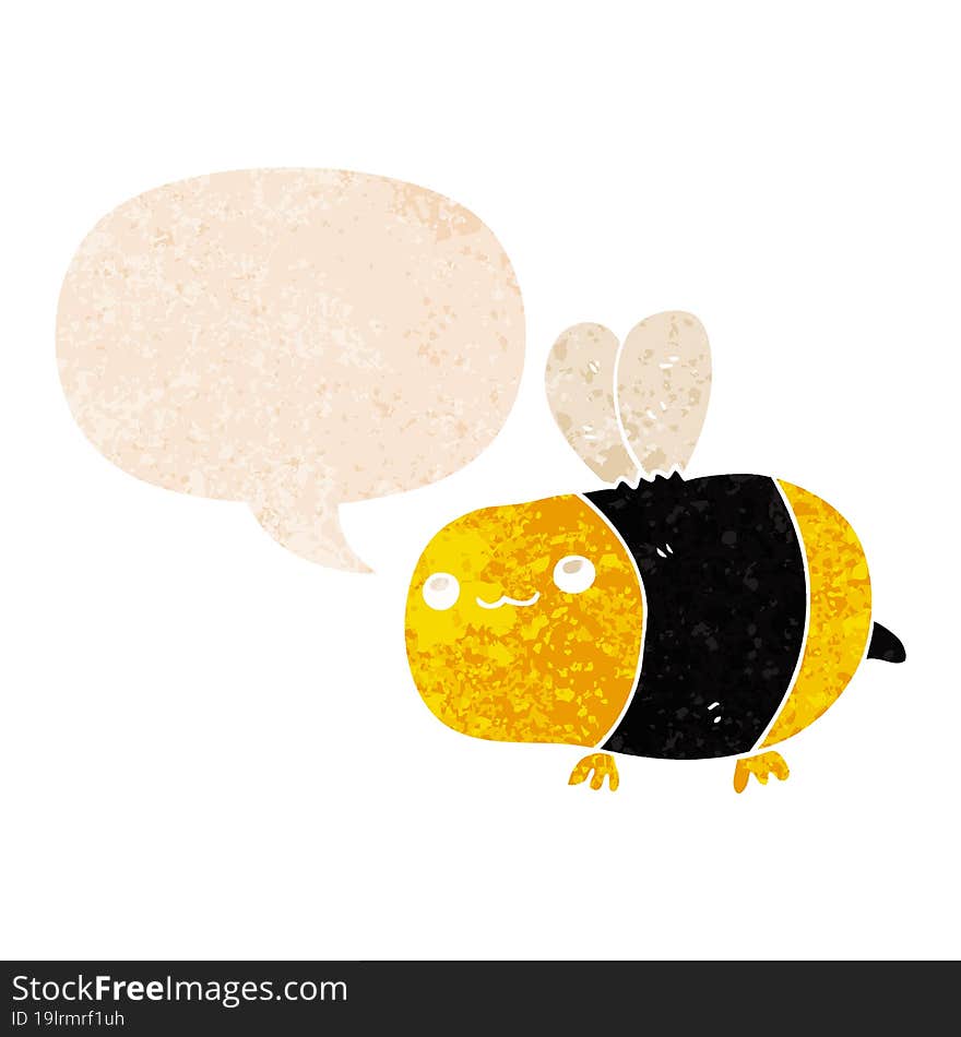 cartoon bee with speech bubble in grunge distressed retro textured style. cartoon bee with speech bubble in grunge distressed retro textured style