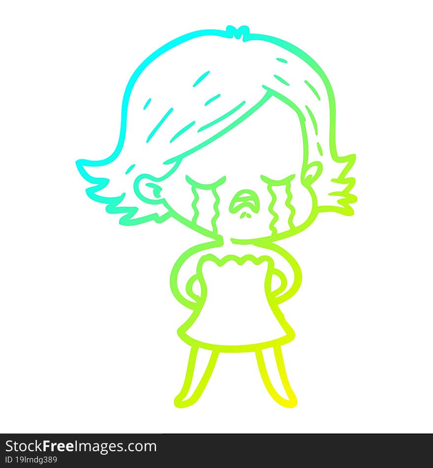 cold gradient line drawing of a cartoon girl crying