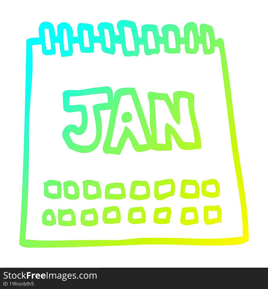 cold gradient line drawing cartoon calendar showing month of january