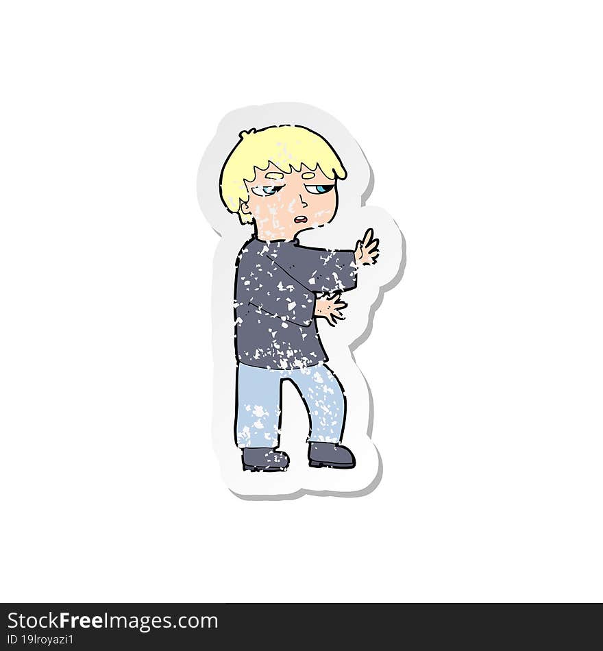 retro distressed sticker of a cartoon man gesturing