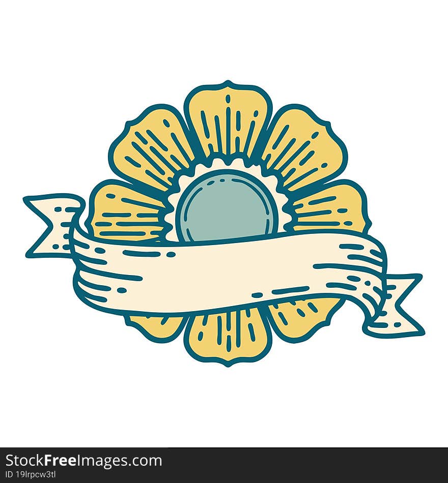 tattoo style icon of a flower and banner