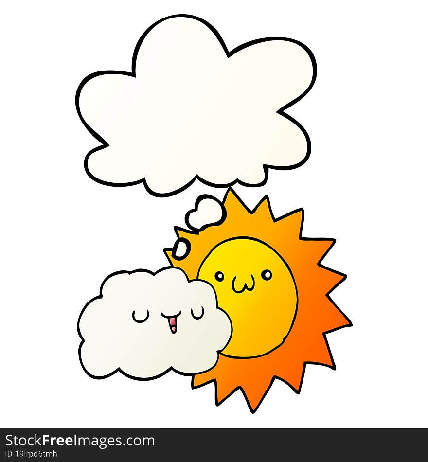 cartoon sun and cloud with thought bubble in smooth gradient style