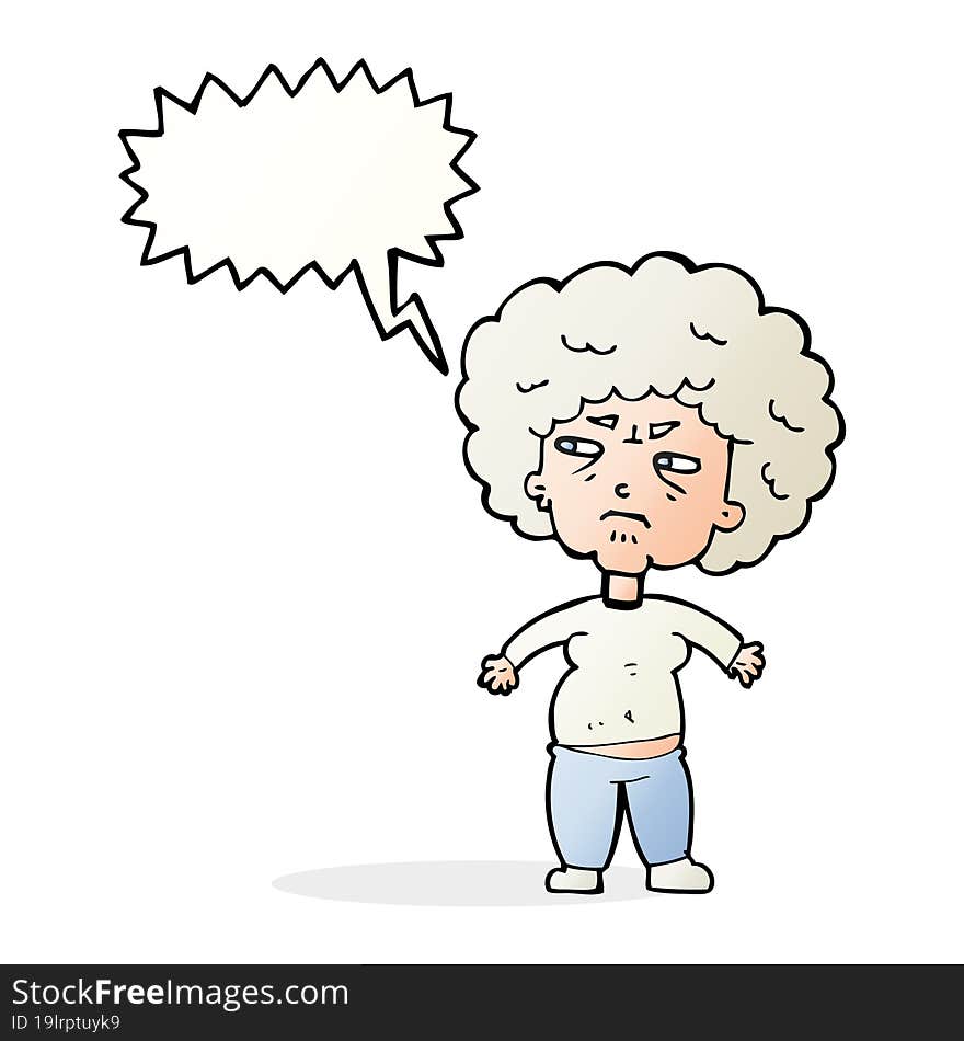 cartoon annoyed old woman with speech bubble