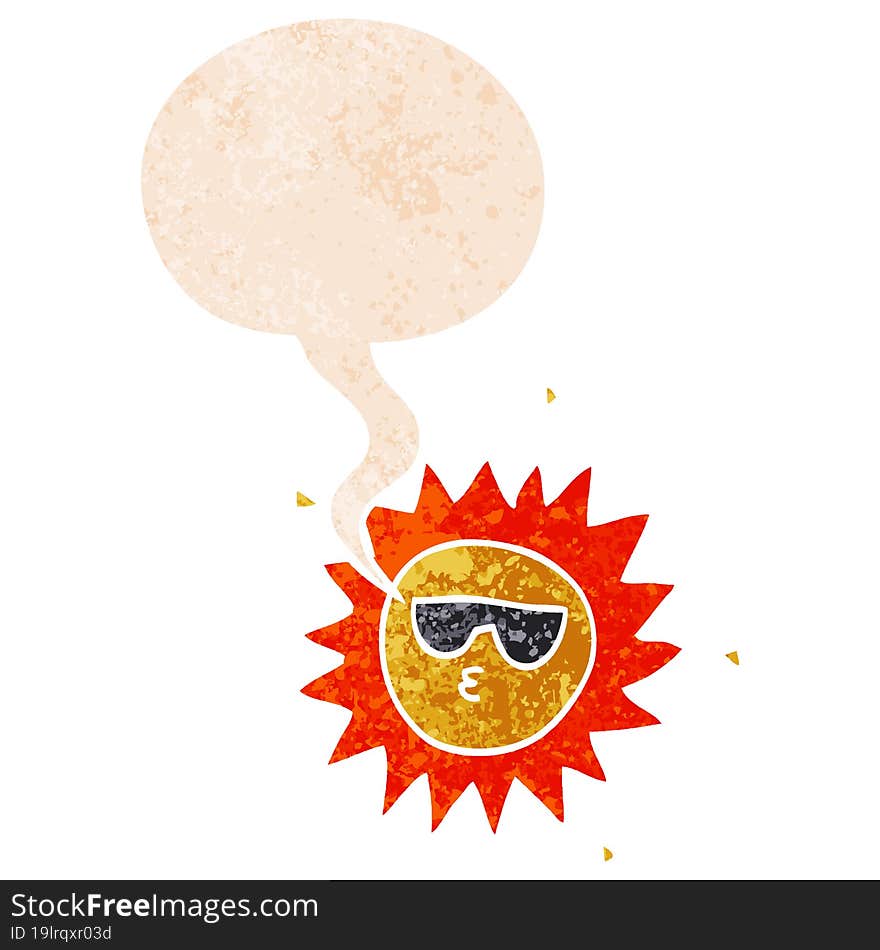 cartoon sun and speech bubble in retro textured style