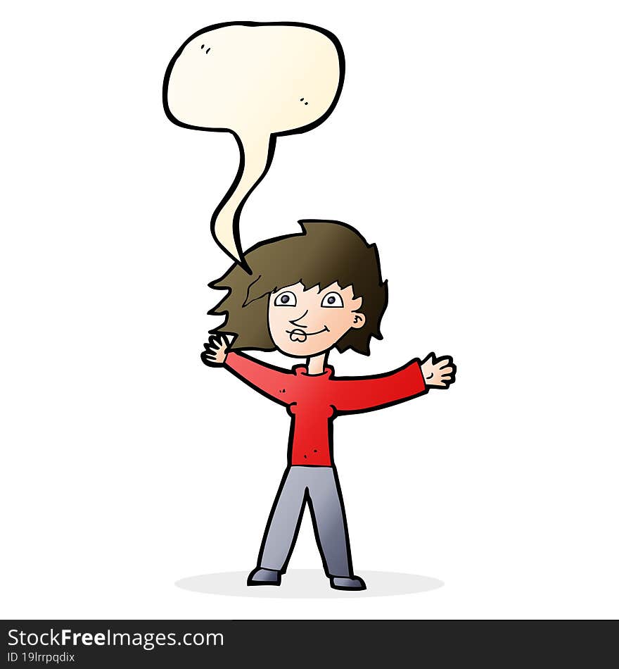 Cartoon Excited Woman Waving With Speech Bubble