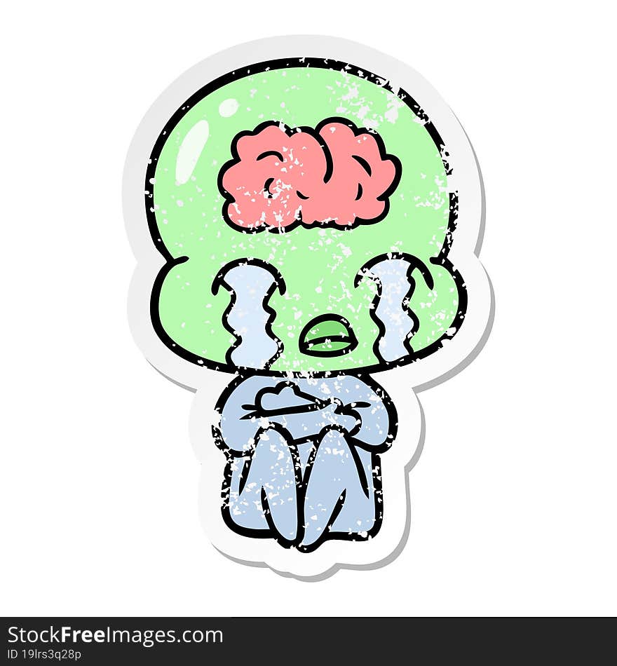 distressed sticker of a cartoon big brain alien crying