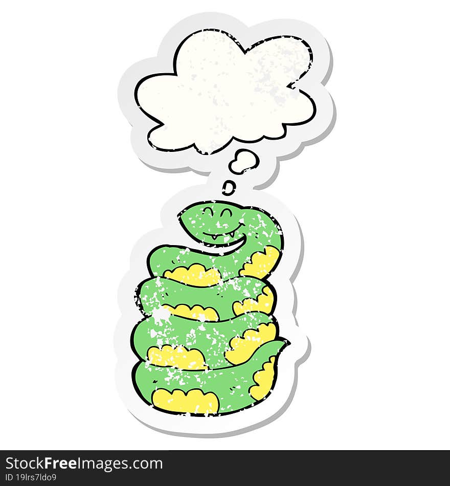 cartoon snake and thought bubble as a distressed worn sticker