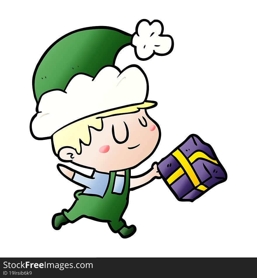 cartoon happy christmas elf with present. cartoon happy christmas elf with present