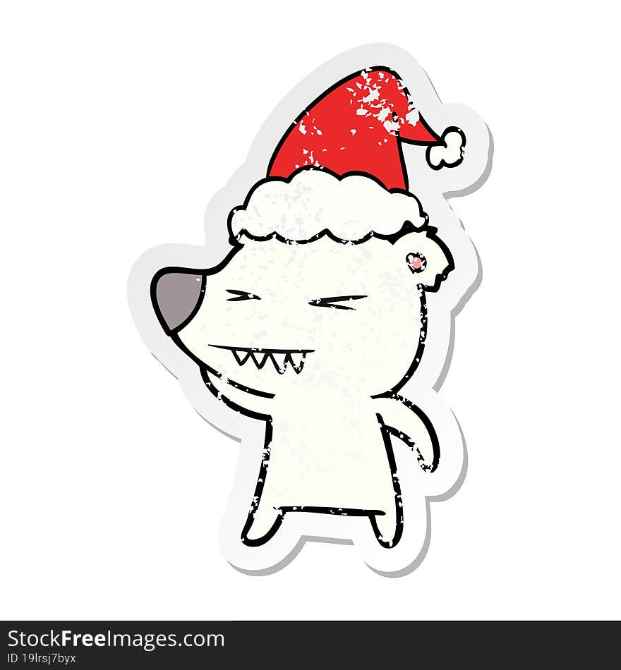 angry polar bear distressed sticker cartoon of a wearing santa hat