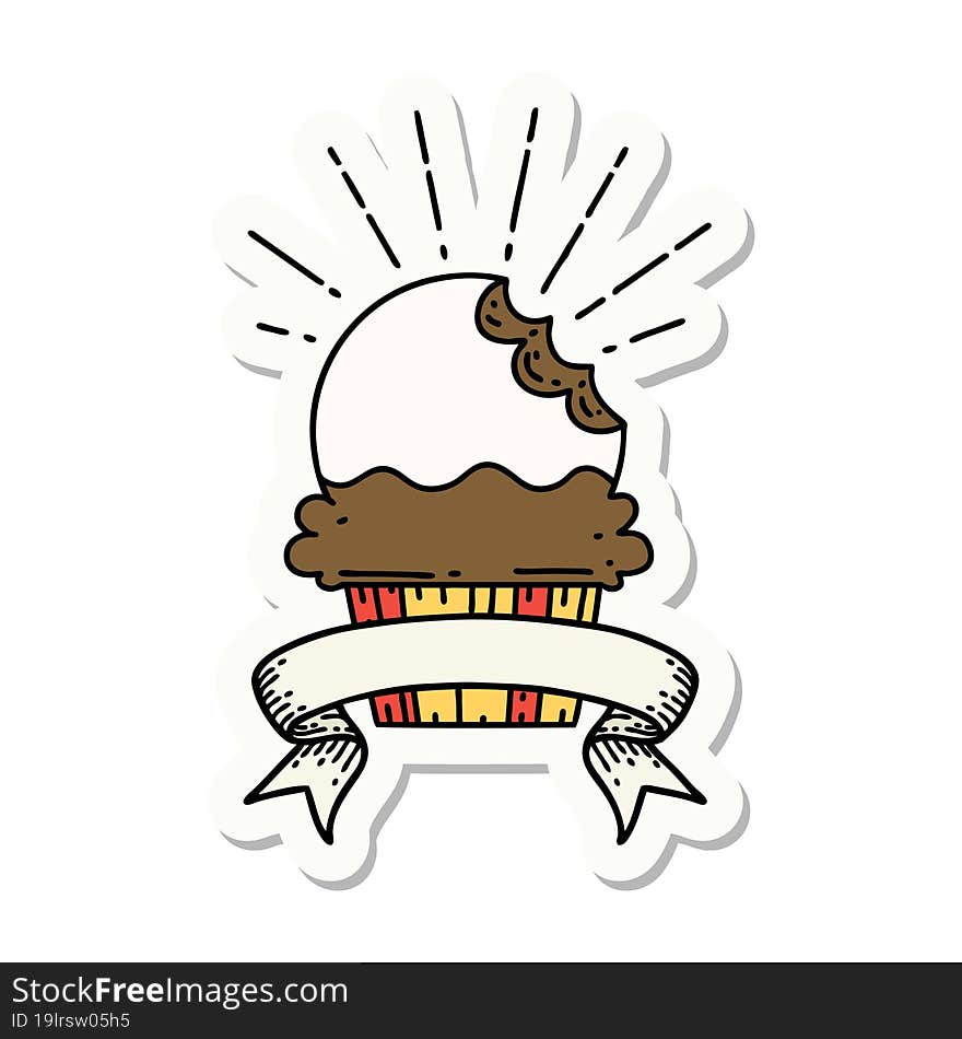 sticker of tattoo style cupcake with missing bite