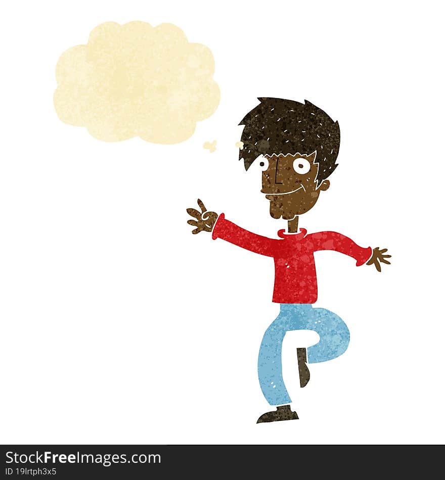 cartoon happy man dancing with thought bubble