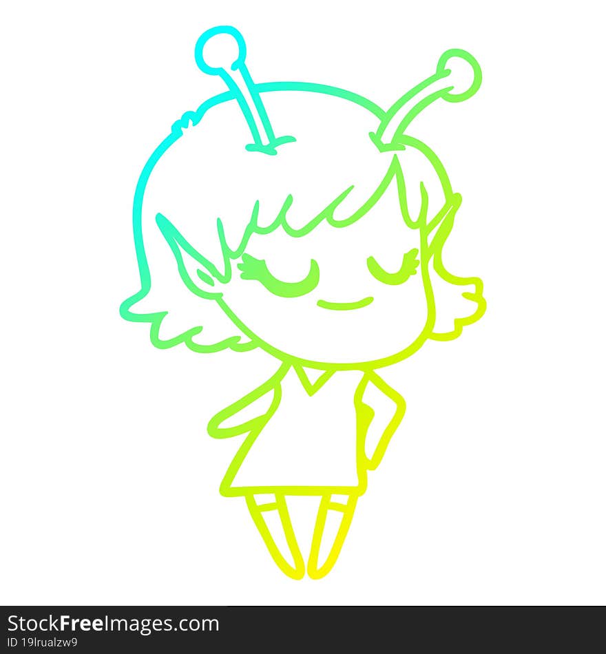 cold gradient line drawing smiling alien girl cartoon