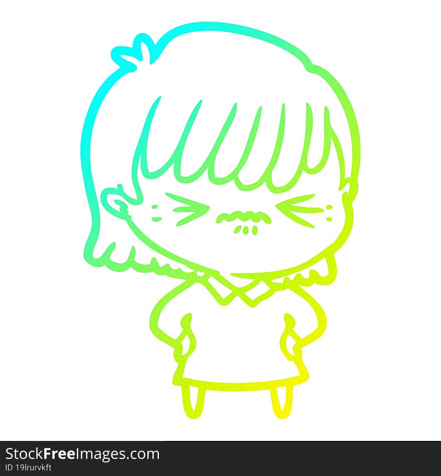 Cold Gradient Line Drawing Annoyed Cartoon Girl