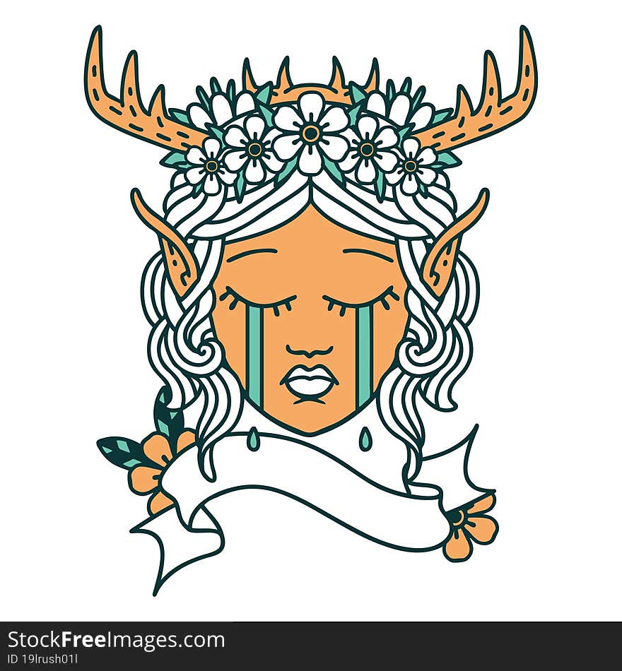 Retro Tattoo Style sad elf druid character face. Retro Tattoo Style sad elf druid character face