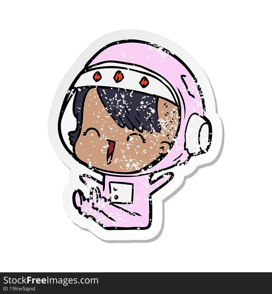 distressed sticker of a happy cartoon space girl