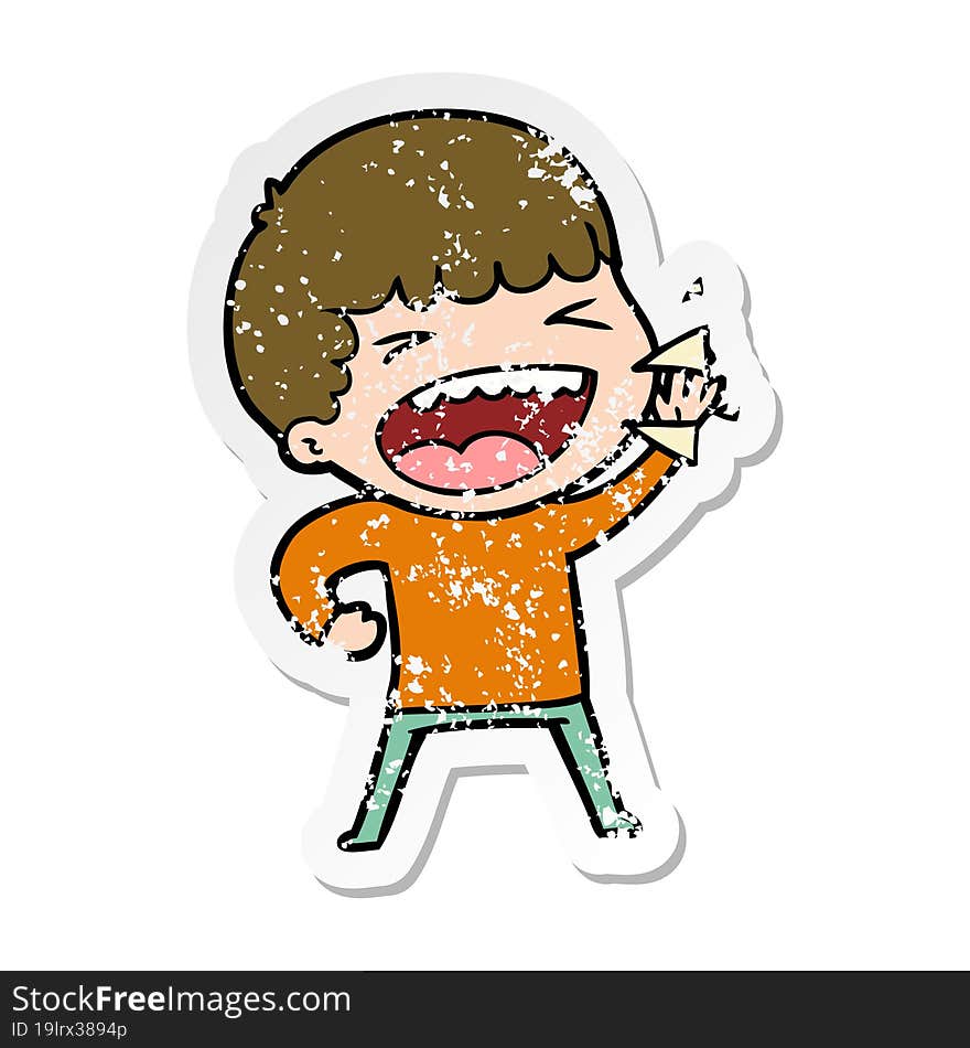 distressed sticker of a cartoon laughing man