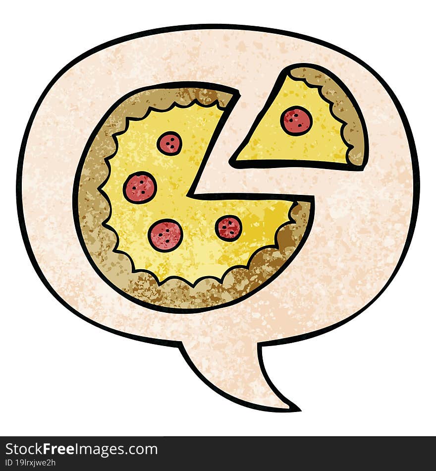 cartoon pizza and speech bubble in retro texture style