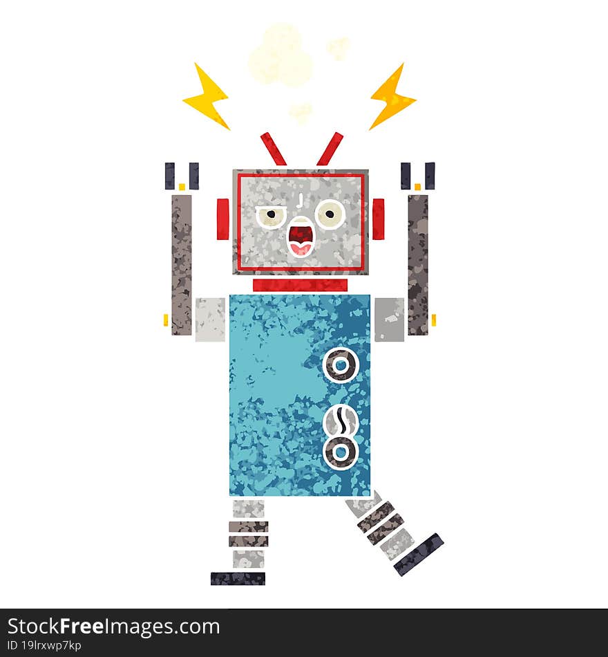 retro illustration style cartoon broken robot