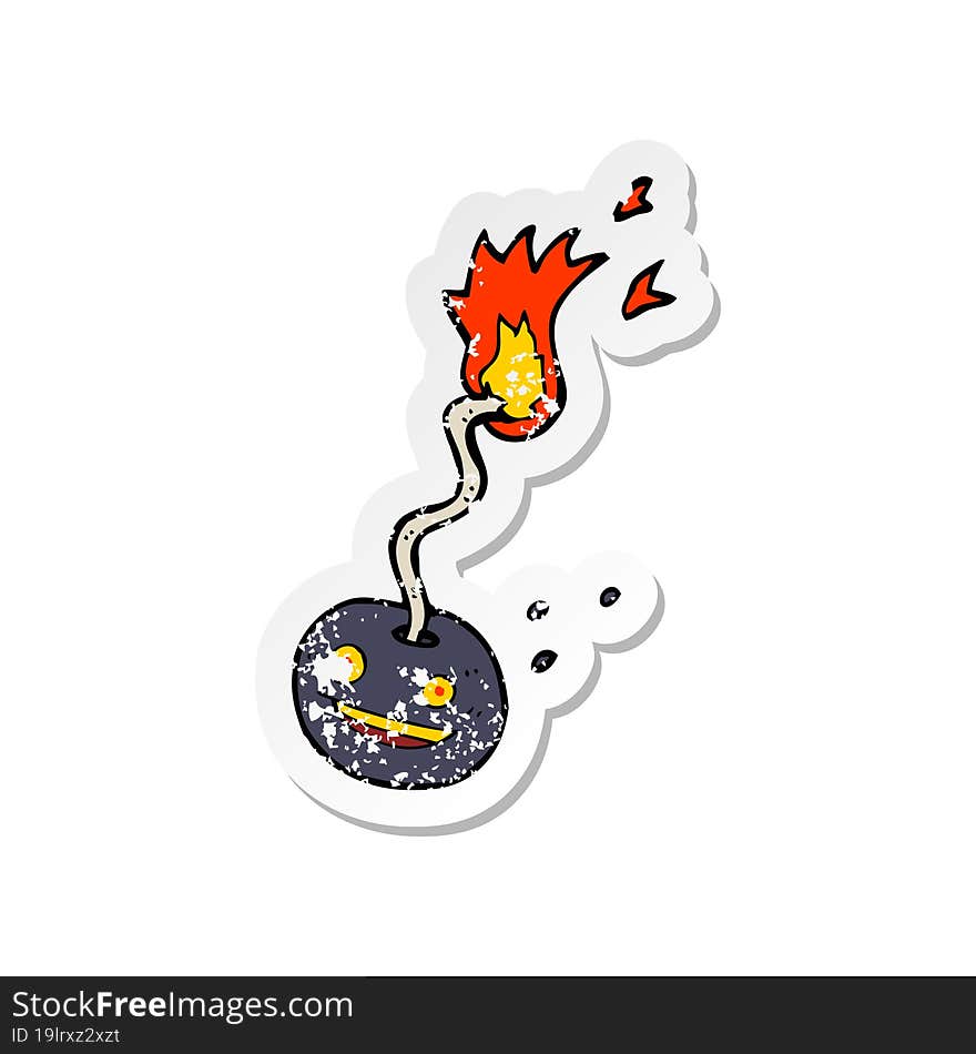 retro distressed sticker of a cartoon bomb with face