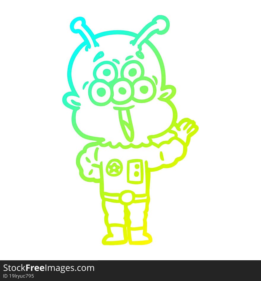 Cold Gradient Line Drawing Happy Cartoon Alien Waving