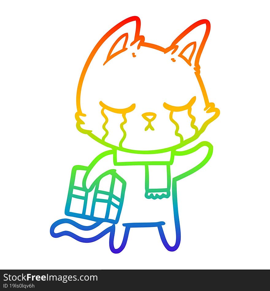 rainbow gradient line drawing crying cartoon cat holding christmas present