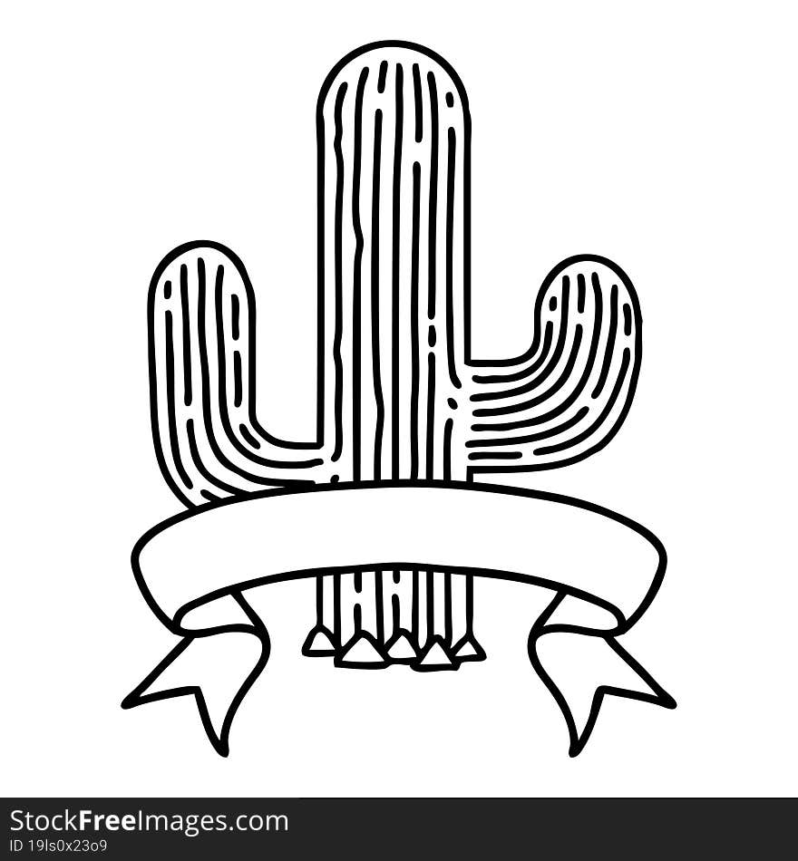 black linework tattoo with banner of a cactus