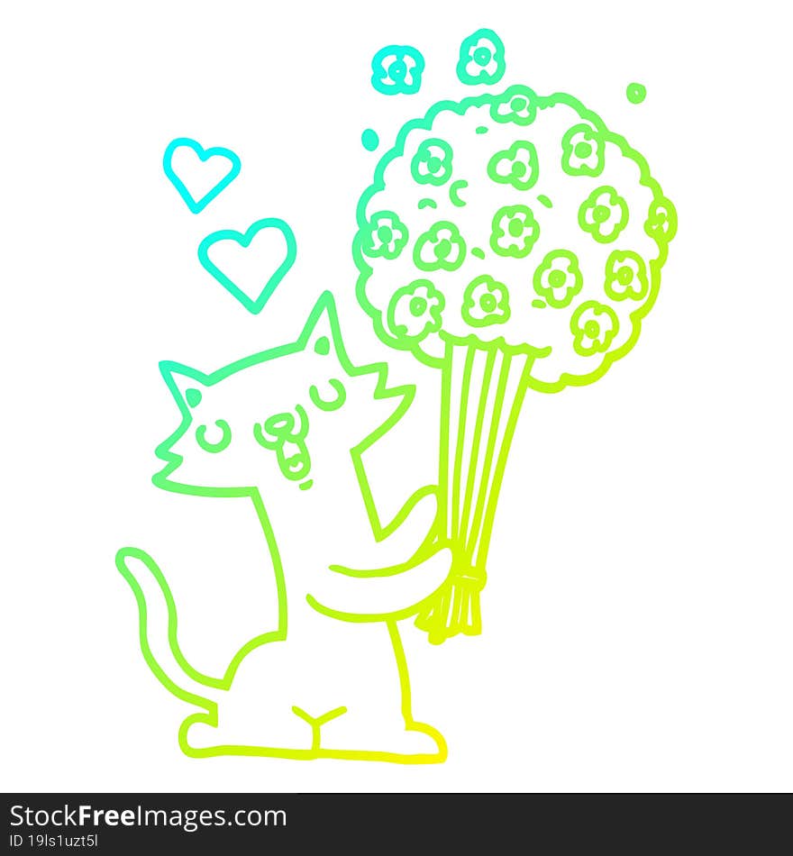 cold gradient line drawing of a cartoon cat in love with flowers