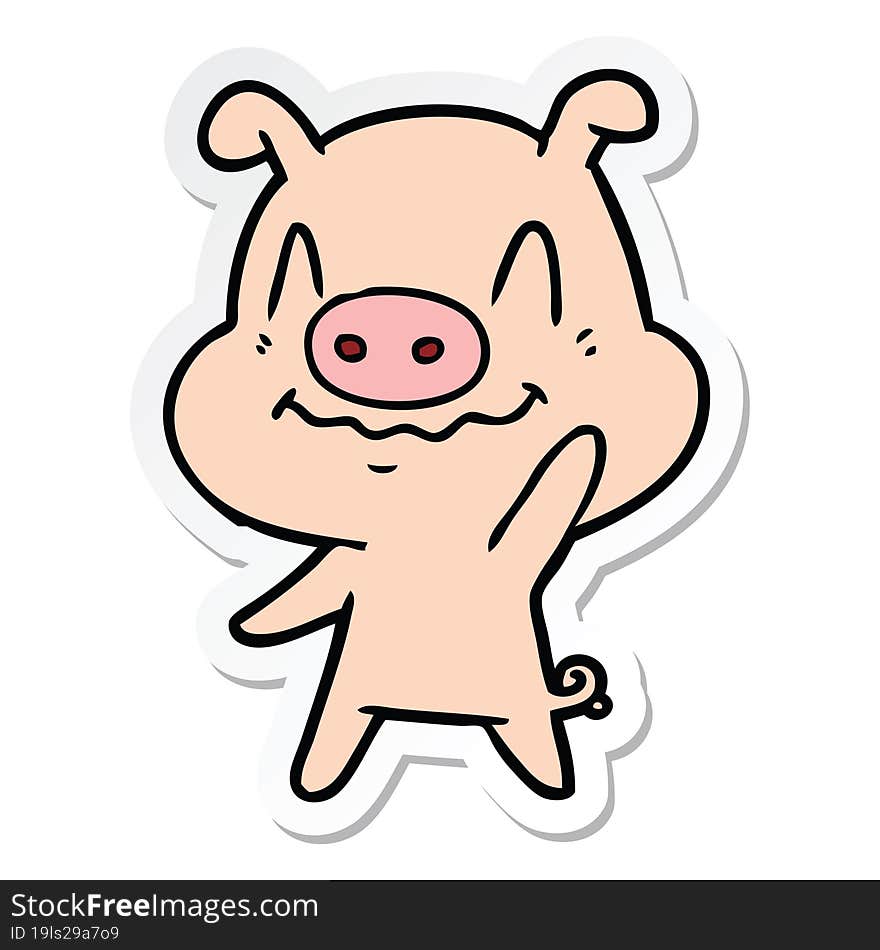 Sticker Of A Nervous Cartoon Pig Waving