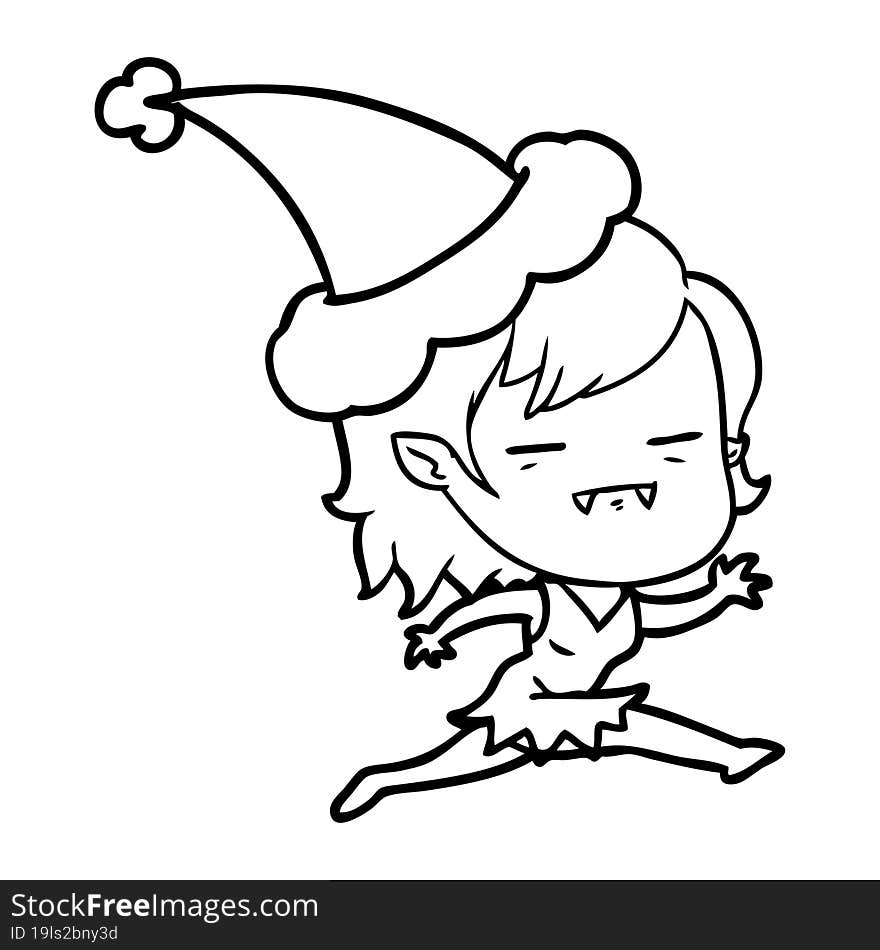 line drawing of a undead vampire girl wearing santa hat