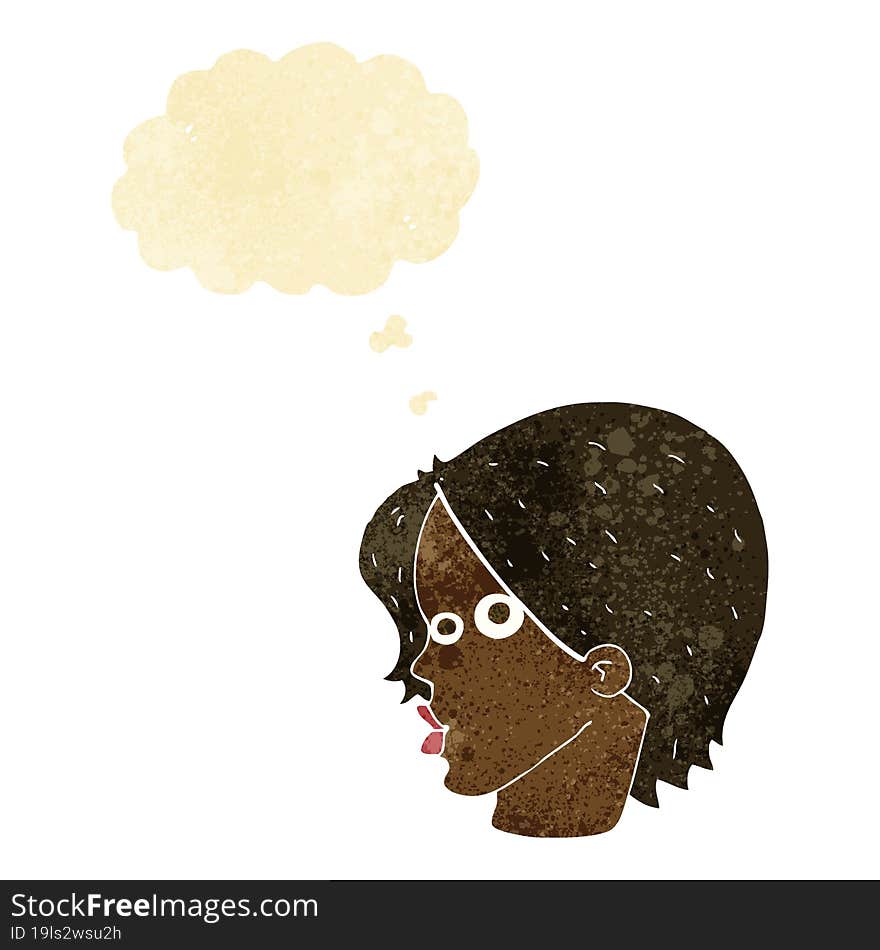 cartoon female face with thought bubble