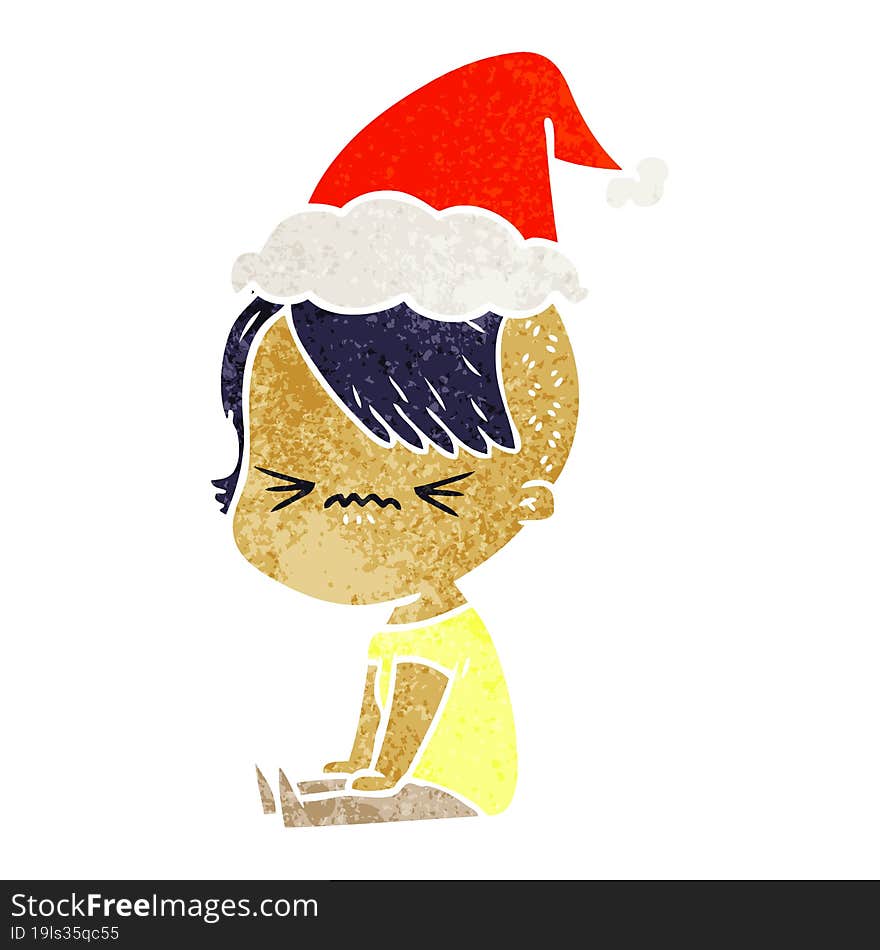 retro cartoon of a annoyed hipster girl wearing santa hat