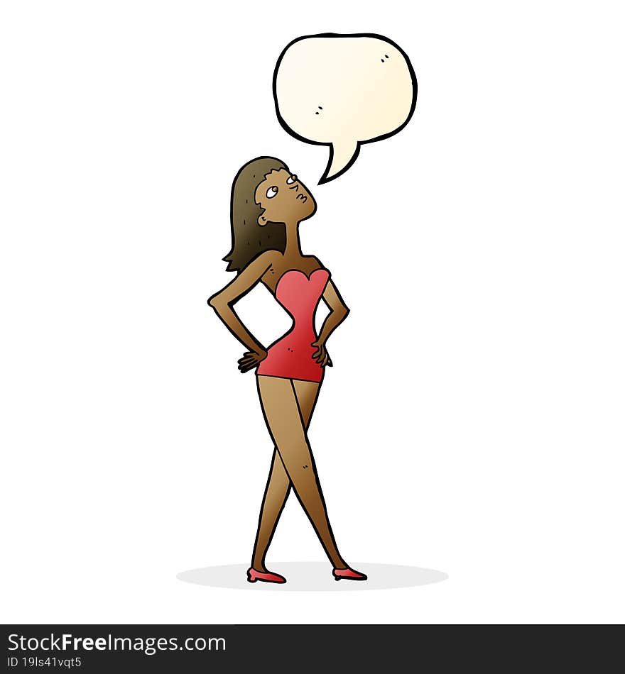 cartoon woman in party dress with speech bubble