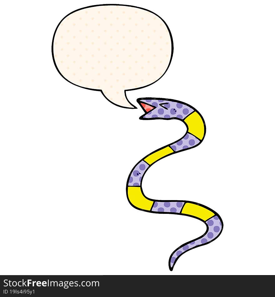 hissing cartoon snake and speech bubble in comic book style