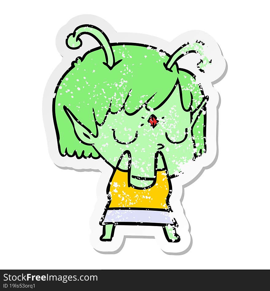 distressed sticker of a cartoon alien girl