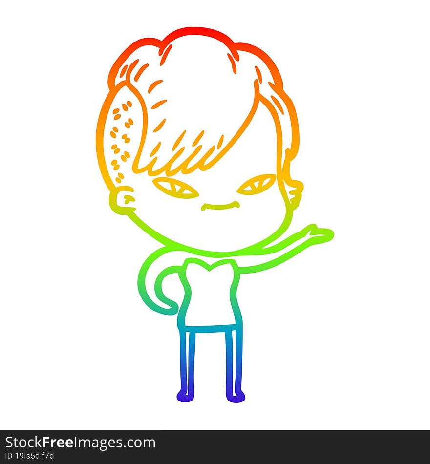 Rainbow Gradient Line Drawing Cute Cartoon Girl With Hipster Haircut