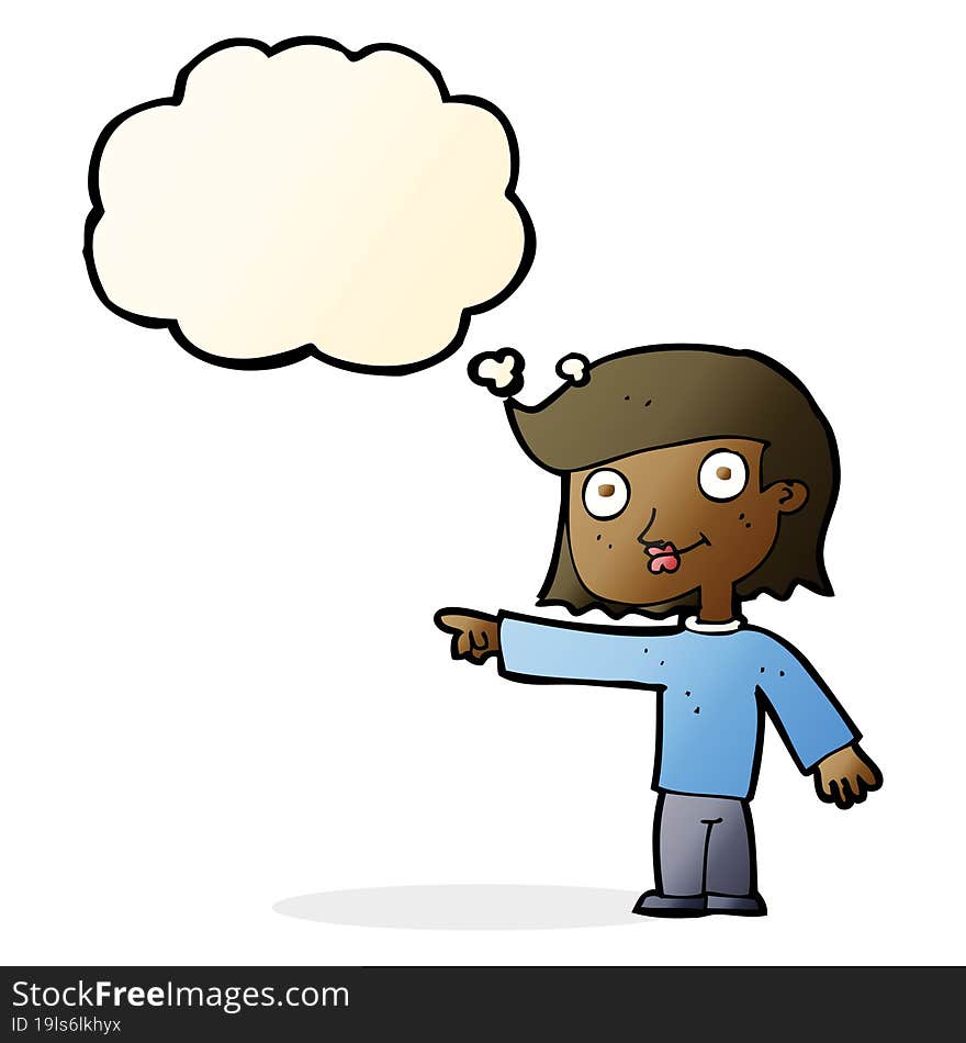 cartoon pointing person with thought bubble