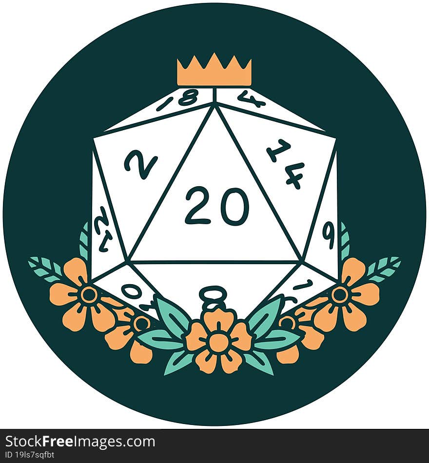 natural 20 D20 dice roll with floral elements icon