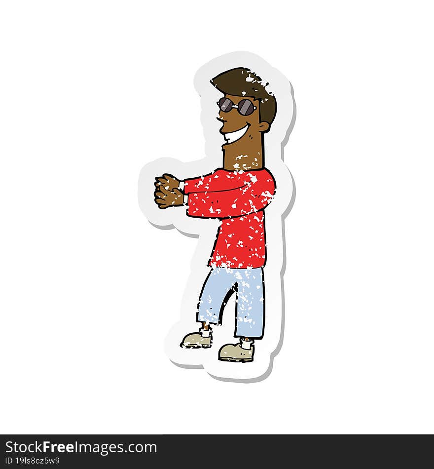 Retro Distressed Sticker Of A Cartoon Grinning Man Wearing Glasses