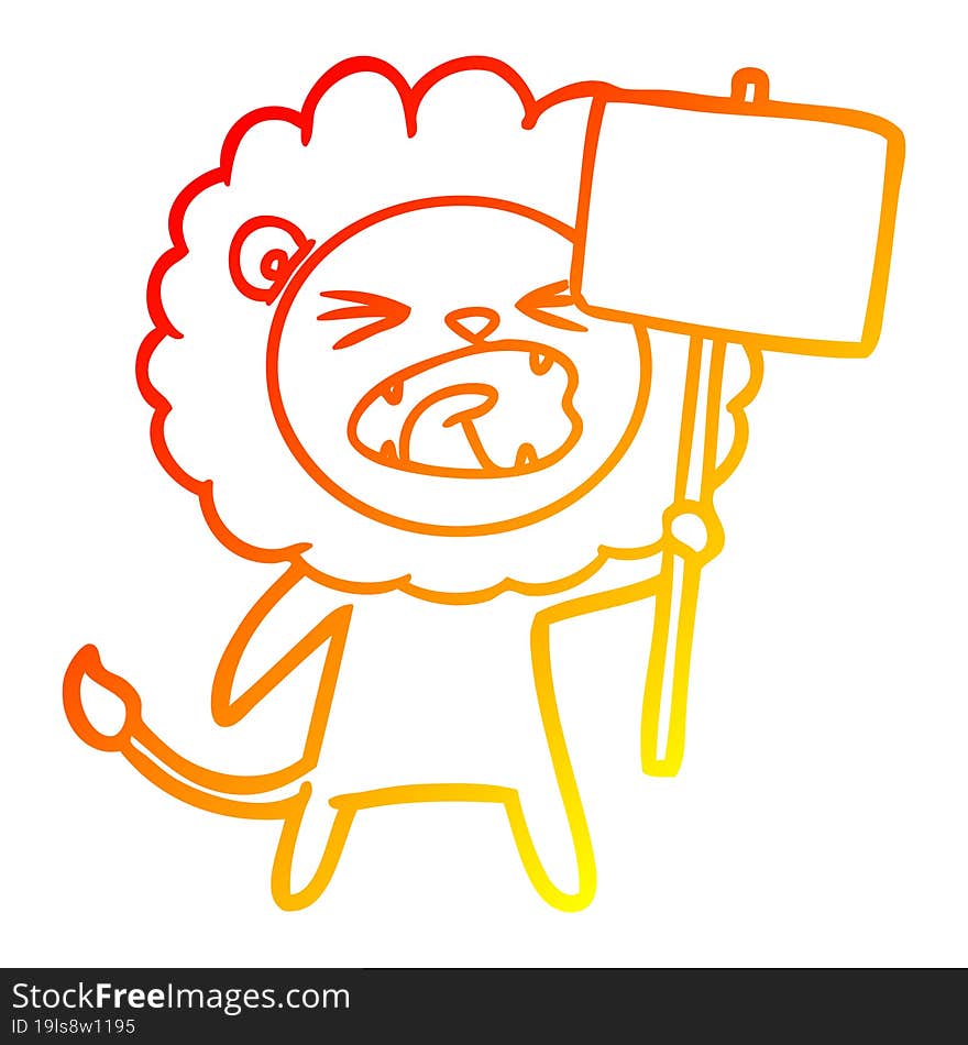 warm gradient line drawing of a cartoon lion with protest sign