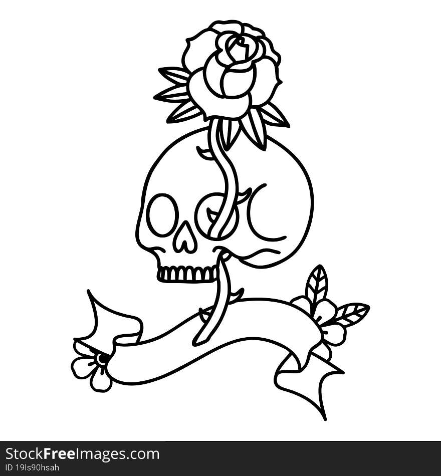 black linework tattoo with banner of a skull and rose