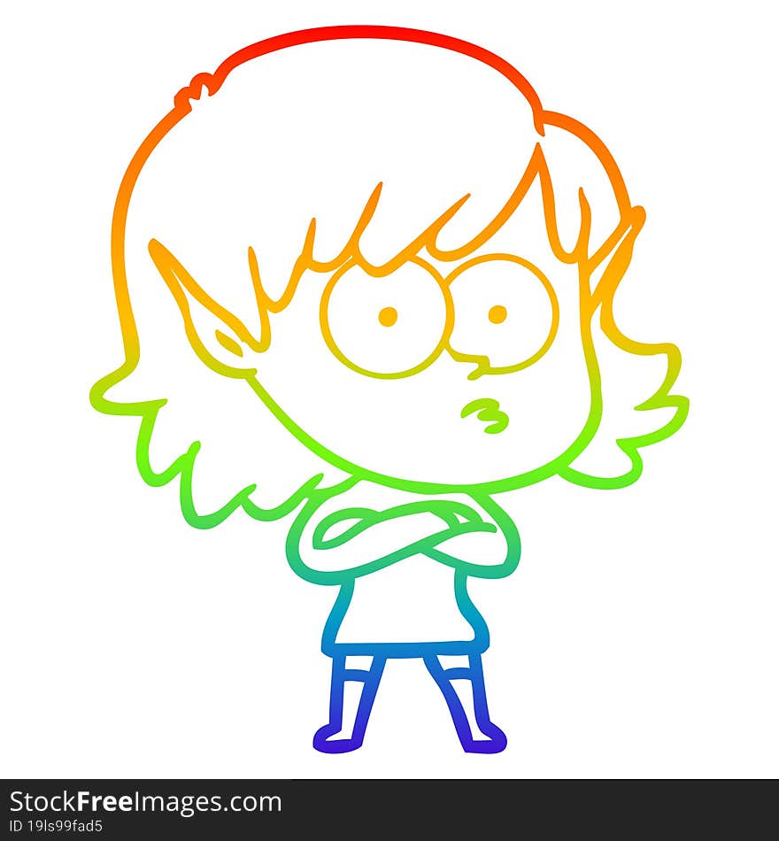 rainbow gradient line drawing cartoon elf girl staring