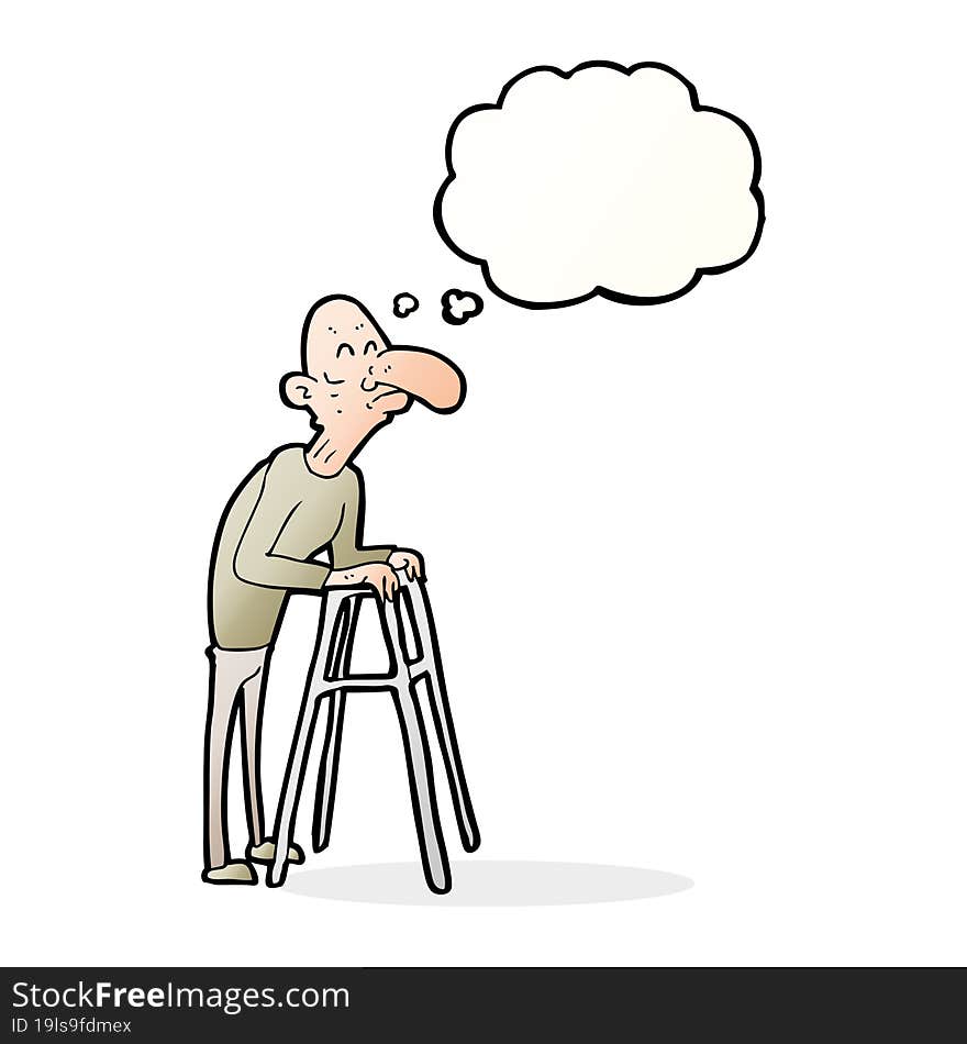 cartoon old man with walking frame with thought bubble