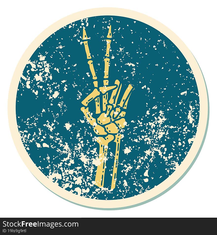 iconic distressed sticker tattoo style image of a skeleton giving a peace sign. iconic distressed sticker tattoo style image of a skeleton giving a peace sign