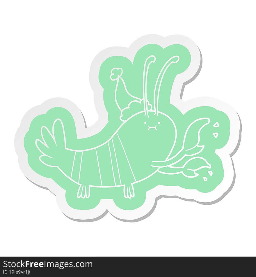 cartoon  sticker of a lobster wearing santa hat