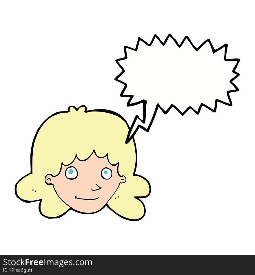 cartoon happy female face with speech bubble