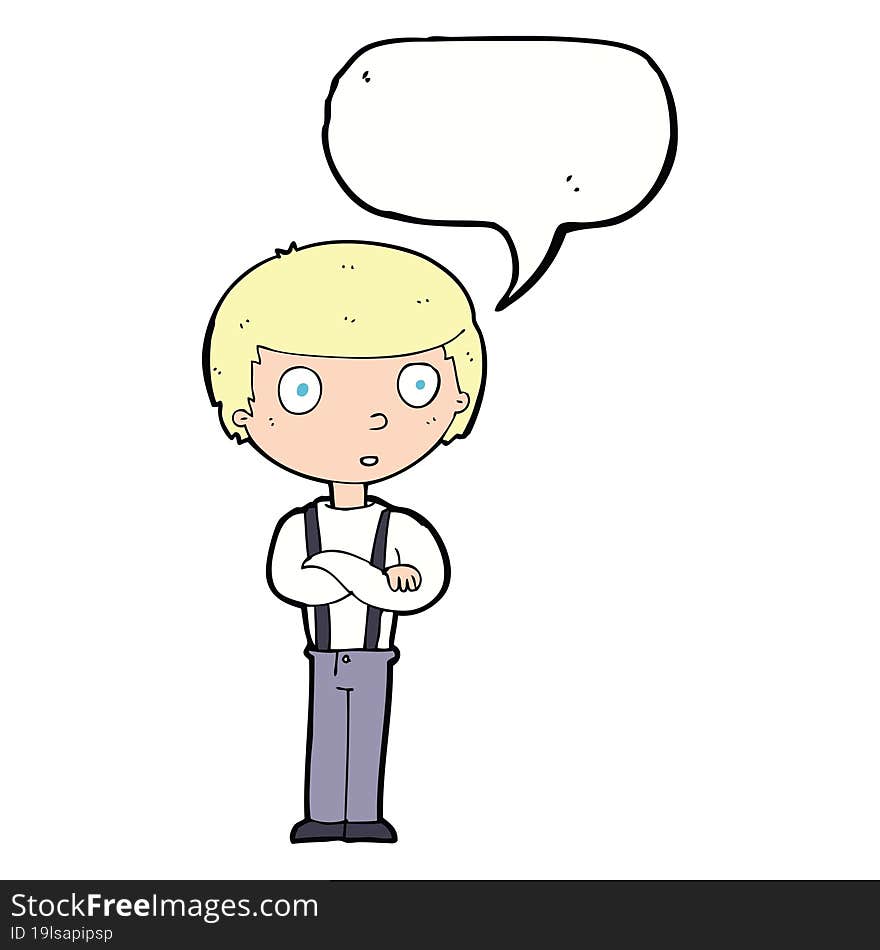 cartoon staring boy with folded arms with speech bubble